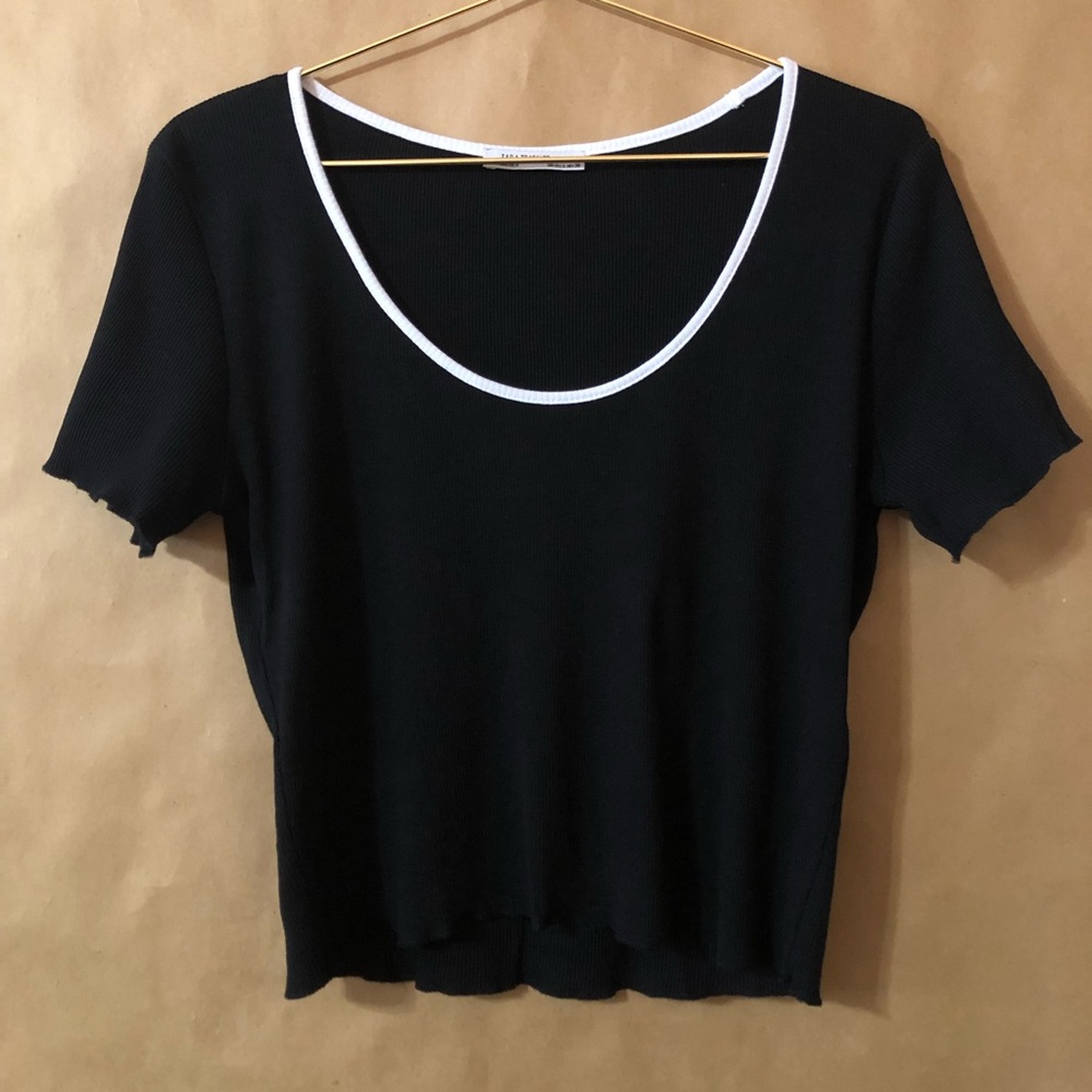 Zara Ribbed Scoop Neck Lettuce Hem Crop Top with Contrast Trim